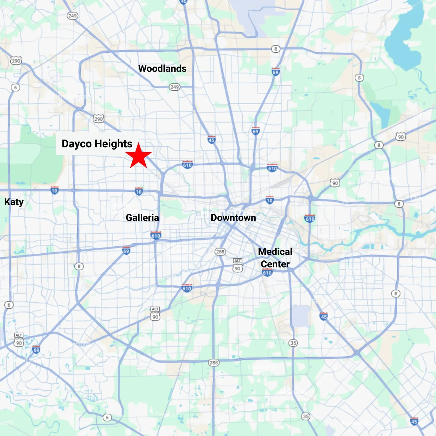 Map of Houston with a star marking Dayco Heights northwest of the 610 Loop and north of Interstate 10, with Katy, the Woodlands, the Galleria, Downtown and the Medical Center labelled
