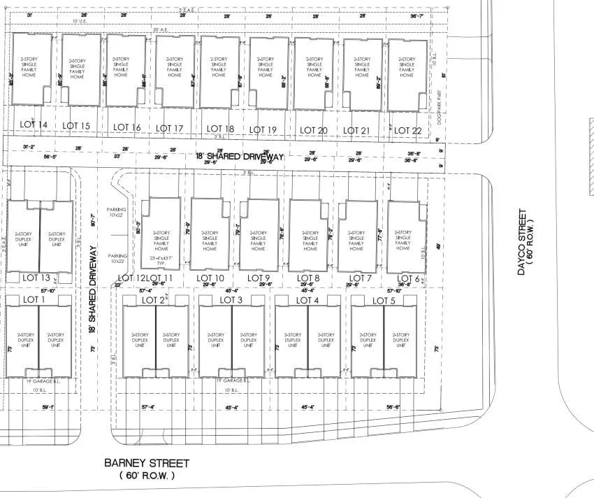 Site layout drawing for Dayco Heights showing two-story home lots along shared driveways between Dayco Street and Barney Road